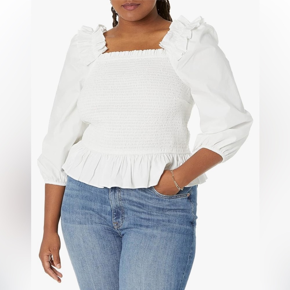 The Drop Women's Marisol Long-Sleeve Ruffle Poplin Smocked Top Size 2X